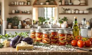 Aubergines confites recette italienne : des bocaux remplis d'aubergines, tomates, huile d'olive, ail et herbes sur un comptoir de cuisine.