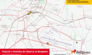 Mapa pokazuje dojazd z lotniska Mediolan Bergamo do dworca kolejowego i autobusowego.