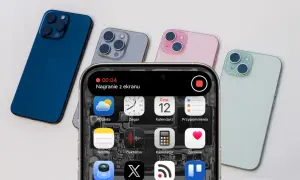 Nagrywanie ekranu iPhone'a w toku, w tle kilka modeli w różnych kolorach.
