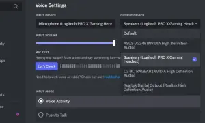 Ustawienia głosu Discord: mikrofon Logitech PRO X, głośniki Logitech PRO X. Oczekiwanie na punkt końcowy Discord, aby rozpocząć rozmowę.