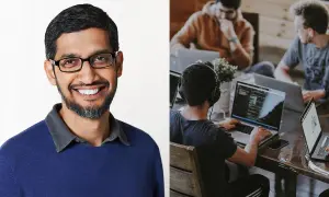 Sundar Pichai ler, omgiven av ett team av bra medarbetare som arbetar fokuserat vid sina laptops.