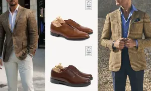 Eleganckie stylizacje na komunię dla mężczyzny: brązowe marynarki, jasne spodnie i skórzane półbuty.