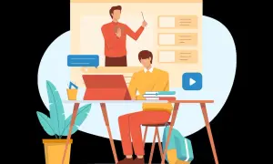 Ilustracja przedstawia studenta uczącego się zdalnie. To idealny wzór ogłoszenia o imprezie edukacyjnej online.