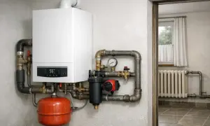 Nowoczesny piec kondensacyjny z cyfrowym wyświetlaczem, podłączony do instalacji grzewczej z grzejnikiem w tle.