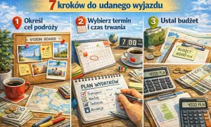 Jak zaplanować podróż: ustal cel, termin i budżet. Na stole vision board, kalendarz, kalkulator i plan wydatków.