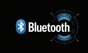 Logo Bluetooth, symbolizujące komunikację bezprzewodową, z nazwą technologii.
