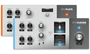 Two audio plugins, EPICPLATE 2 and EPICCLOUDS, showcasing controls for creating rich ambient reverb effects. Discover your next free reverb vst.