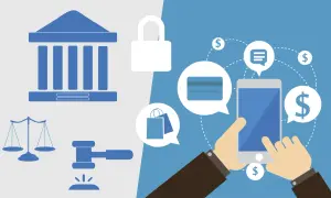 Ilustración de elementos legales y financieros: balanza, mazo, candado, banco, tarjeta de crédito, bolsas de compra y smartphone. Claves para los requisitos legales para abrir una tienda online.