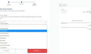 Wybieranie rodzaju urlopu. Dostępne opcje to m.in. urlop rodzicielski, urlop bezpłatny, urlop na żądanie.