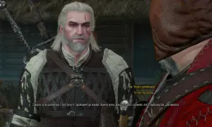 Geralt w zbroi, z mieczami na plecach, rozmawia z kimś w brązowej skórzanej zbroi. Powrót na Krzywuchowe Moczarze?