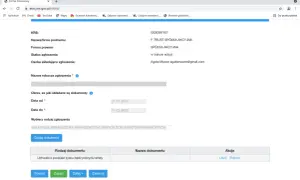 Formularz elektronicznego zgłoszenia do KRS z polami do wpisania danych firmy i dat.