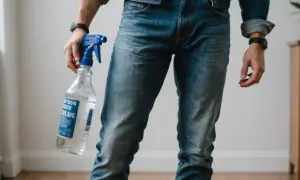 Mężczyzna w jeansach trzyma butelkę z rozpylaczem, przygotowując się do eksperymentu: jak rozjaśnić jeansy proszkiem do pieczenia.