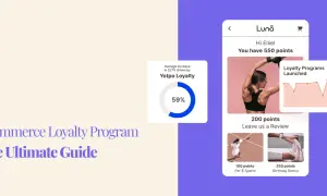 Grafika prezentuje e-commerce loyalty program, pokazując wzrost CLTV o 59% dzięki Yotpo Loyalty. Widoczny jest też interfejs aplikacji z punktami i nagrodami.
