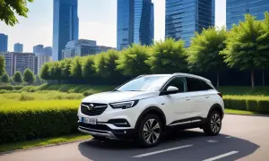 Vit Opel Grandland står parkerad vid en grönskande allé med skyskrapor i bakgrunden. Kanske ett problem med bilen?