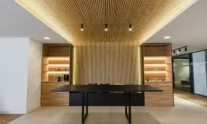 Modern office interior with a wall covered in vertical wood slats, demonstrating como poner listones de madera en la pared.