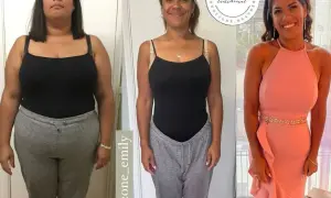Vorher-nachher-Bilder zeigen eine Frau, die dank One 2 One Diet 50 kg abgenommen hat. Sie strahlt in einem eleganten rosa Kleid.