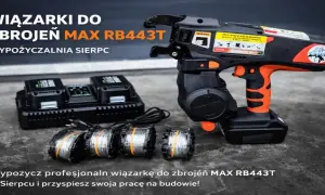 Profesjonalna wiązarka do zbrojeń MAX RB443T z akumulatorami i szpulami drutu.