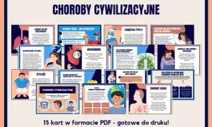 Plakat informuje o chorobach cywilizacyjnych, ich przyczynach i profilaktyce. Przedstawia m.in. choroby serca, cukrzycę, nadciśnienie, otyłość i problemy z układem oddechowym.