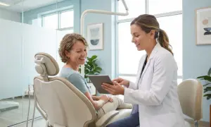 Dentystka w białym fartuchu pokazuje tablet pacjentce siedzącej na fotelu stomatologicznym.