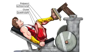 Uomo in stile anime esegue leg press, evidenziando i quadricipiti, glutei e ischiocrurali.