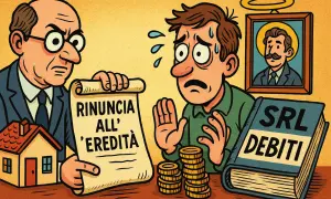 Uomo preoccupato davanti a un documento di rinuncia parziale eredità, con una casa, monete e un libro "SRL Debiti".