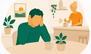 Man med händerna för öronen, plågad av ljud från en kvinna som rör i en mugg. En illustration av misofoni svenska.