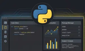 Interface de développement pour le **comment python** avec un éditeur de code, des graphiques et un gestionnaire de paquets.