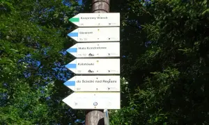 Tablica z drogowskazami w Tatrach: Kasprowy Wierch, Giewont, Hala Kondratowa, Kalatówki, Ścieżka nad Regłami, Lawinowe Centrum Treningowe. W tle las i niebo.