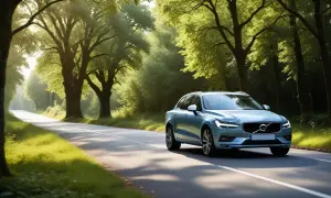 Blå Volvo kör på en solig landsväg. Kanske ett volvo d2 motor problem gör att den stannar snart.