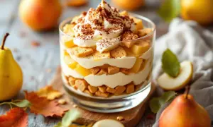 Un délicieux tiramisu poire en verrine, avec des couches de crème, de biscuits et de fruits, saupoudré de cacao.