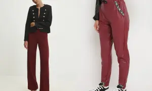 Dwie stylizacje z bordowymi spodniami: eleganckie z marynarką w stylu militarnym i sportowe z czarną kurtką i sneakersami.