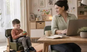 Kobieta pracuje przy laptopie, podczas gdy jej syn bawi się obok. To obraz codzienności, gdzie świadczenie pielęgnacyjne a praca splatają się w jedno.