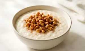 Ciotola di cremoso porridge con noci e cannella. Chi dice che il porridge fa ingrassare?