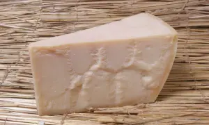 En bit Grana Padano parmesanost ligger på en bädd av halm.