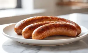 Drei goldbraun gebratene Salsiccia-Würste liegen auf einem weißen Teller. So kann man Salsiccia kochen!