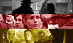 Collage av scener från en tysk serie på SVT. Män och kvinnor i olika miljöer, från regniga gator till närbilder av ansikten.