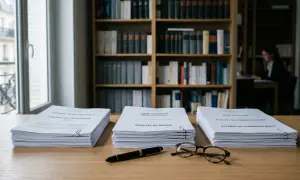 Trois piles de documents juridiques sur un bureau, dont un contrat et une analyse de risque. L'escroquerie par code pénal est un sujet complexe.