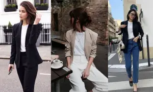 Eleganckie stylizacje z t shirt pod marynarkę: czarny garnitur, beżowa marynarka z białymi spodniami, czarna marynarka z jeansami.