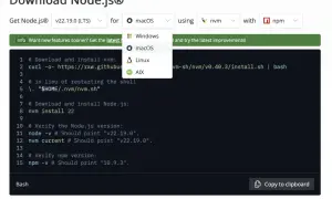 Interface de téléchargement de Node.js avec options pour macOS, Windows, Linux, AIX et un aperçu du code.