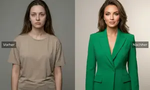 Vorher/Nachher-Vergleich: Eine Frau in einem einfachen T-Shirt wird durch eine professionelle Typberatung Kleidung in einem eleganten grünen Blazer verwandelt.