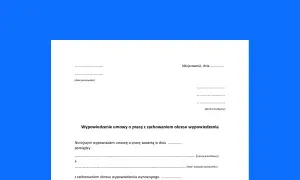Formularz wypowiedzenia umowy o pracę z zachowaniem okresu wypowiedzenia. Dokument zawiera pola na dane pracownika i pracodawcy.