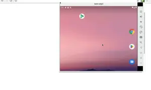 Ventana de navegador con un emulador Android online. Muestra la pantalla de inicio de un dispositivo Android con iconos de aplicaciones y un fondo de cielo rosado.