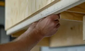 Man mid-measure, planning como poner baldas en un armario. Mide con precisión la madera para un ajuste perfecto.