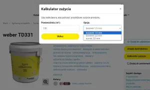Kalkulator zużycia tynku weber TD331. Wpisz powierzchnię 200m² i wybierz grubość ziarna, by obliczyć, ile wiader tynku potrzebujesz.