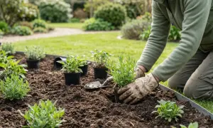 Gärtner legt mit Handschuhen und kleiner Schaufel ein Staudenbeet an, pflanzt junge Lavendel- und Kräuterpflanzen in die vorbereitete Erde.