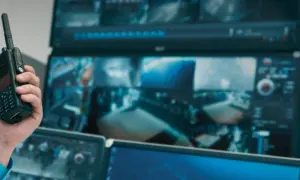 Dłoń trzyma krótkofalówkę na tle monitorów z podglądem z kamer, co sugeruje udostępnianie nagrań z monitoringu.