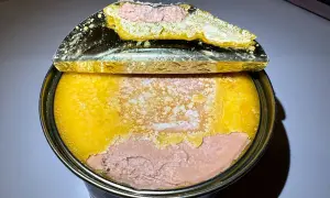 Otwarta puszka z pasztetem. Widoczna warstwa różowego pasztetu i żółtej galarety. To właśnie foie gras co to jest, czyli pasztet z gęsiej lub kaczej wątróbki.