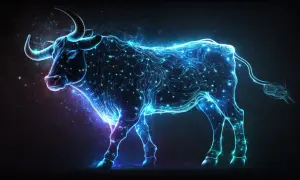 Byk z neonowych linii i gwiazd, symbolizujący 24.04 znak zodiaku.