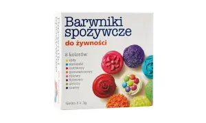 Zestaw barwników spożywczych. Zastanawiasz się, jaki kolor wyjdzie z połączenia czerwonego i niebieskiego? Sprawdź na opakowaniu!