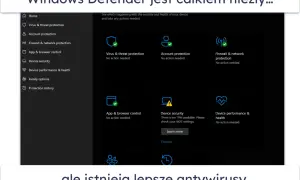 Ekran główny Windows Defender, pokazujący ochronę przed wirusami, kontem, zaporę sieciową i inne opcje. Wszystko działa bez zarzutu.